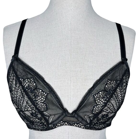 Wacoal Take The Plunge Underwire Bra sz 34B * Lace Unlined Black Beige Sheer - Picture 1 of 6